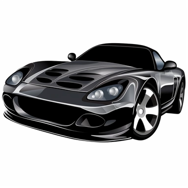 a black sports car cartoon clipart on a white background, caricature-like, two dimensional