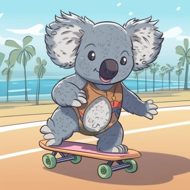 koala on roller skates, clipart style, fast, energetic, beach boardwalk as background