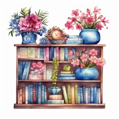 watercolor style, a bookshelf with multiple books, flowers and other decorations on it, realistic, delicate shades, clipart, isolated on white background, very detailed , Cartoon,hyper realistic, intricate detail, illustration style,high solution,on the white background