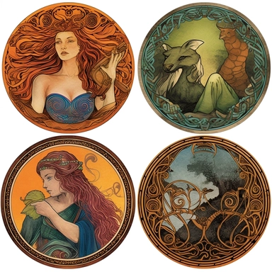 Produce a series of clipart images with a lifelike quality, showcasing Celtic mythology and folklore symbols. Employ a mix of traditional and digital artistic mediums to create visually striking illustrations. Draw inspiration from renowned artists like Jim Fitzpatrick and their interpretations of Celtic mythology. Experiment with lighting techniques to add depth and dimension to the symbols, using warm and earthy tones to evoke a sense of ancient mysticism