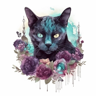 hand drawn black cat, sitting with front paw resting on a skull, flowers and crystals, shades of burgundy purple and teal, romantic and edgy, very detailed and realistic, watercolor, clipart style