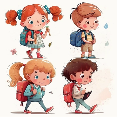 adorable children are going to the school, clipart set, children's magazine illustration