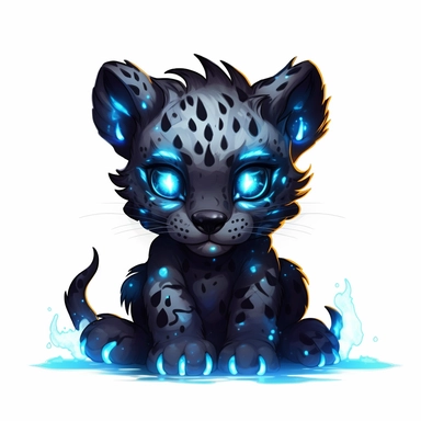 a cute and whimsical glowing tribal leopard with blue lights on his eyes, tribal animals, in the style of manhwa character design, master of shadows, burned/charred, himalayan art, dark black and light azure, 2d game art, quadratura, clipart, on white blackground