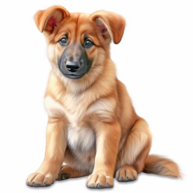 hyper-realistic clipart of an adorable German Shepherd puppy on a white background. Capture the playful and curious nature of the puppy, showcasing its intelligence and loyalty. Pay attention to the distinct features of the German Shepherd breed, including its pointy ears, expressive eyes, and beautiful coat markings. Use a mix of warm and neutral tones to bring out the puppy's natural colors and textures. Focus on the puppy's endearing face and capture its innocent and gentle expression. Add su