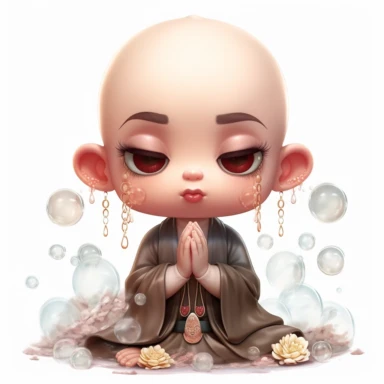 cute illlustration of child monk in prayer position holding a lotus flower and bubbles on his head in mark ryden style art with no background. clipart