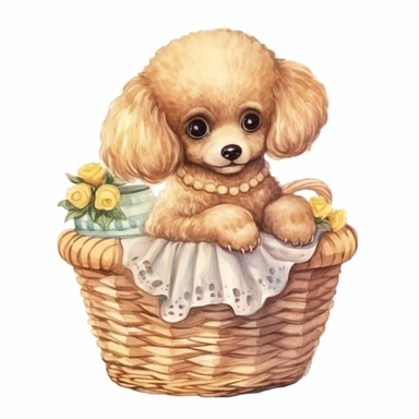 cute poodle on a basket haircut, watercolor, clipart, white background,