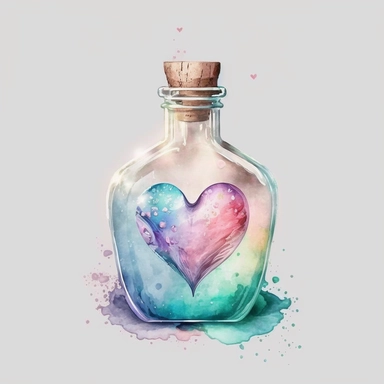 stronger colors dream illusion pastel color water white background clear old rustic Heart Bottle classic potion Valentine's Day Clipart vintage watercolor