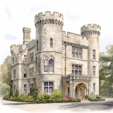Isolated images, illustrations on a white background, facing front, elevation view, Malahide Castle Dublin Ireland, Clipart, watercolor, realistic, isolated, full building, highly detailed, hdr, 32K, photo expert quality, watercolor realistic, hyperrealistic and highly detailed, isolated on a white background