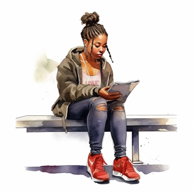 watercolor clip art image of a black teenage girl wearing hip-hop clothes holding a magical book, waiting at a bus stop