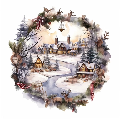 vintage design, advent wreath around, christmas theme Watercolor Cute santa claus wearing Clipart Collection in beautiful winter landscape with a lot of snow and a small lake and a small town with church, moose, advent wreath around, christmas theme, detailed, isolated, white background, one pattern