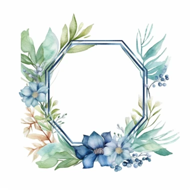 octagon watercolor leaf frame, clipart, in the style of cottagecore, enchanting bloomcore, high resolution, joyful celebration of nature, white and blue