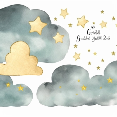 watercolor and gold glitter clouds and stars clipart, free margins