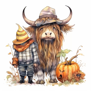 Watercolor realistic highland cow with scarecrow , style by Lucy Fleming, watercolor, smooth gradients, black contour outline, ultra detailed, clipart elements, delicate pastel colors, solid white background, super clear, high quality