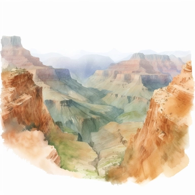 panoramic view, full view, illustration clipart, soft watercolor, beautiful grand canyon landscape, sharp focus, high detail, romantic, fantasy, ethereal, transparent background