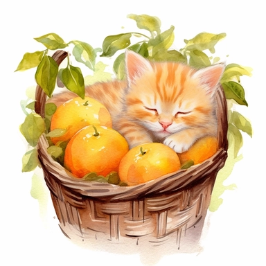 Watercolor ragdoll kitten peacfully sleeping in a laundry basket clipart, surrounded by oranges and orange leaf and branches, couple of oranges, high detail oranges, high quality drawing, high quality, body visible, summer colors, hairs are visible, variety of kitten type, summer day theme, valentines day theme, full body kitten, crawling in basket, peacefull fealing, childlike innocence and charm, peacefully sleeping cat, shy kitten, oh my god I wanna hug it, Oh my god its so cute, hand painted