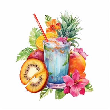 Tropical cocktails with some fruits and flowers, watercolor, clipart on white background, cute, tshirt design in the style of frank quitely, stan berenstain