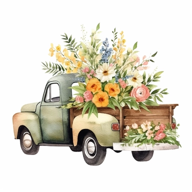 Watercolor Flower Truck Clipart Floral Truck Vintage Truck Clipart Junk Journal Farmhouse Clipart Floral Truck watercolor floral in bonnet or back