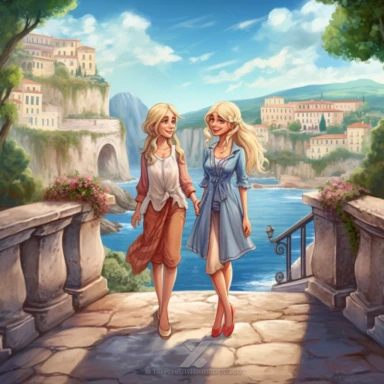 panoramic view, full view, landscape, exact image, age progression, two beautiful older female best friends, one with long blonde hair and one with short blonde hair, same height, posing, smiling, beautiful faces, along a cobblestone walkway in a beautiful mediterranean town with view of beautiful blue water, cascading bougavanelia, beautiful summer day, illustration clipart, photo realistic, romantic, fantasy, ethereal, sharp focus, high detail, (--iw 5)