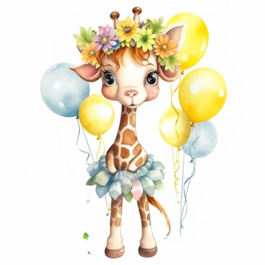 baby giraffe nursery full body watercolor style clipart, happy, with floral crown on head, Disney style, holding balloons