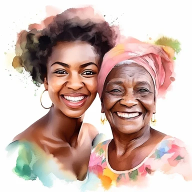 smiling old caribbean mom and adult caribbean daughter with watercolor effect, realistic faces, mothers day, suitable for digital clipart, magic scene, white background