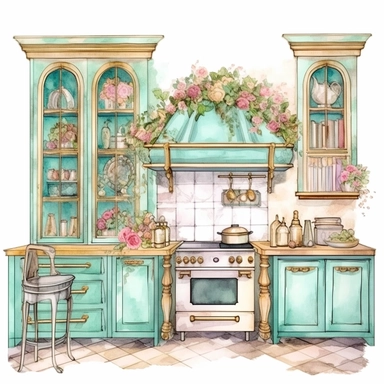 Make a clipart of a fairytale watercolor french country kitchen with bright pastel colors of turquoise and green, pink roses, gold accents, black outlines, hd, white background