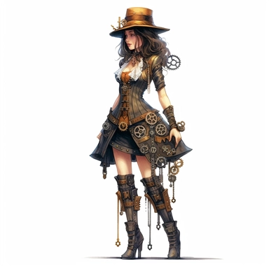 steampunk victorian girl prototype, full body, watercolor, gears, pinions, calipers, clocks, rivets, top hat, clipart, duo tone, realistic, ultra resolution, vivid detail, 8k, minimal watercolors, white background