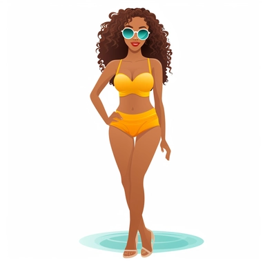 Create a realistic clip art of an African American woman in her mid-twenties with long wavy brown hair, dressed in a two-piece bikini with a bright-colored top and a complementing shade for the bottom. She should be wearing high heels that add height to her curvy figure and have hips that are prominently displayed with a gentle curve to them. Her skin tone should be medium to dark and have a confident and attractive demeanor.