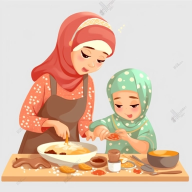 As a woman wearing hijab 28 - year - old making dinner, little kid six - year - old beside the woman, cartoon character, art, image clipart, high definition drawing, clean colors, balanced colors