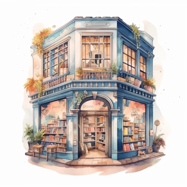 Bookstore,cute bookstor,muted colors,clipart on a white background, an illustration of by Annabel Kidston, shutterstock contest winner, generative art, detailed painting, digital illustration,photoillustration isolated on white background, digital watercolor,dark outline,high quality,8k