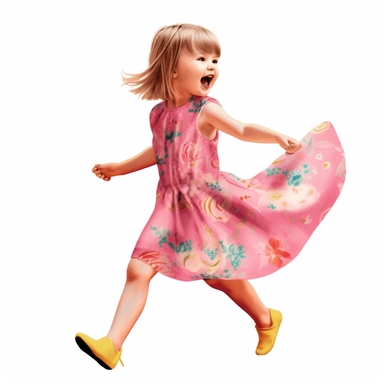 Singer Taylor Swift as a 2 year old toddler, wearing a pink shimmering velvet dress with yellow floral print, dancing, yellow shoes, irradiant facial expression, plain white background, clipart