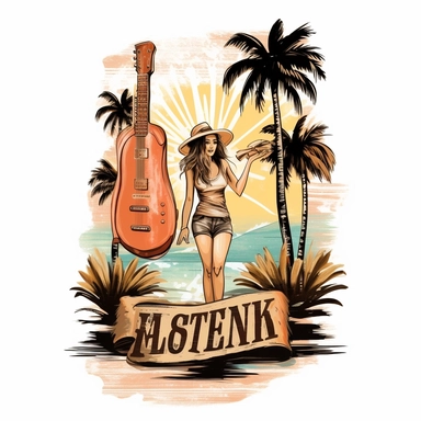 Retro Western Clipart,Coconut trees, flowers, waves, A girl holding a surfboard, sunWestern Boho,isolated on a white background