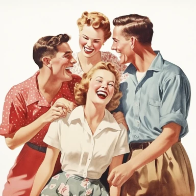 clip art, vintage, bright, white background, high contrast, 4th of july, family and friends laughing