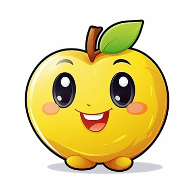 digital sticker, cute yellow apple mascot character, strong use of color, cartoon clipart, vector, white background