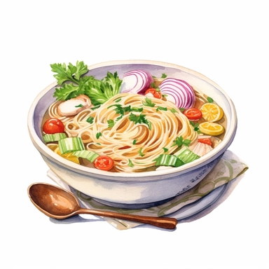a watercolor clipart image with a white background, featuring a heartwarming bowl of homemade chicken noodle soup, filled with tender chicken, vegetables, and comforting noodles.