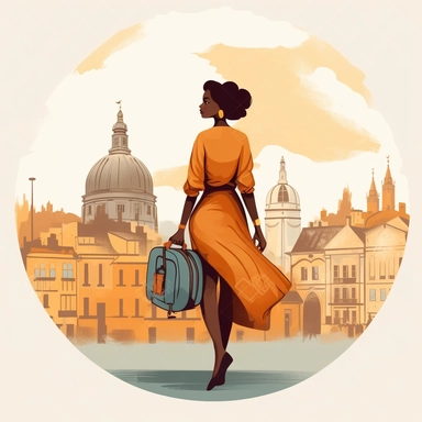 clipart of african american woman traveling through europe. white background