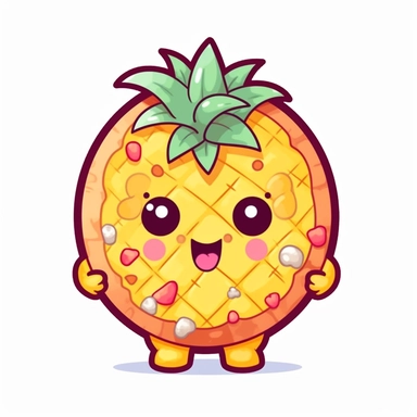 delicious rings of glisening pineapple on a large hawaiian pizza, kawaii cartoon style, clip art