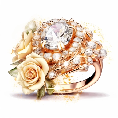 jewellery gold ring with diamonds near roses digital clipart on white background