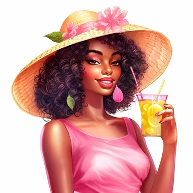 pretty black girl, Sun Straw Hat Wide Brim Summer Hat Foldable Roll up Floppy Beach Hats, pretty, holding a cocktail drink, pink outfit, 4k, hd, clipart