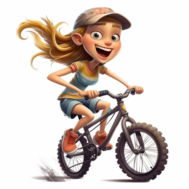 cute young girl riding a mountain bike downhill, smiling, full body, downhill bicycle clipart, Sport graphics, 16k polished, isolated on white background, 3d, rendered by pixar
