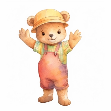 Cute baby bear clipart, happy expression, standing in dynamic pose, 1970s color scheme, wear play hat, checkered pattern summer shirt, front view, in the style of watercolor cartoon clipart, kate greenaway style, high resolution, composition free space,watercolour clipart, watercolor illlustration for kids and children, isolated white background, clipart most popular on etsy, book illustration, featured on dribble, print on demand image, PNG tranparent background, composition medium shot, no tex