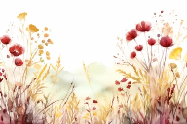 enchanted MAROON AND DUSTY YELLOW flower FIELD WATERCOLOR HAND PAINTED clipart, GREEN WILD LEAVES BETTWEEN FLOWERS AND IN THE BACK, WATERCOLOR AIRY PASTEL COLORS, VISIBLE WATERCOLOR BRUSH TOUCHES, DREAMY AND ELEGANT, COLORFUL DREAMY FLOWERS, white background, WATERCOLOR 8k,
