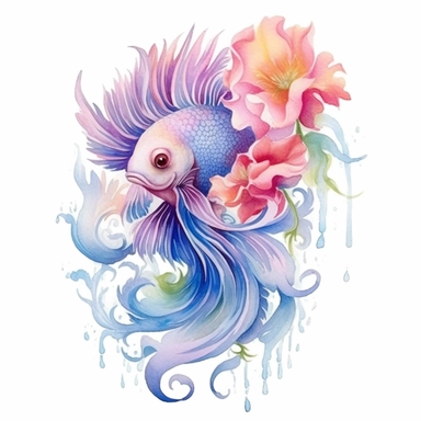 Pastel Cute Beautiful Fairy Fish Flower Watercolor Clipart,Cartoon, hyper realistic, intricate detail, illustration style,high solution,on the white background