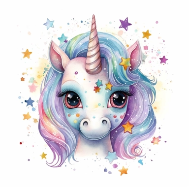 Cartoon Glittering Unicorn Surrounded by Pastel Stars, Big Eyes, cartoon, watercolor, professional clipart, white background, neat, clean