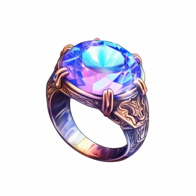 Craft an intriguing clipart of a mythical ring against a pristine white background. The ring should possess intricate designs and be encrusted with glistening gemstones. Let it emanate a soft, magical glow when worn, symbolizing the wearer's connection to mystical forces.