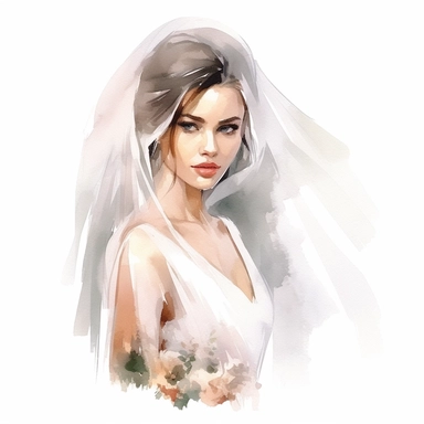 watercolor style, beautiful bride with veil clipart, isolated on white background, hd