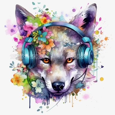 detailed, high-resolution HDR clipart image with a white background of a floral cartoon style gamer wolf watercolor colorful painting art image very cute, adorable, floral, bigeyes, Soffer, cool looking, HDR, high-resolution, shimmering, shining, glittering, beautiful, colourful