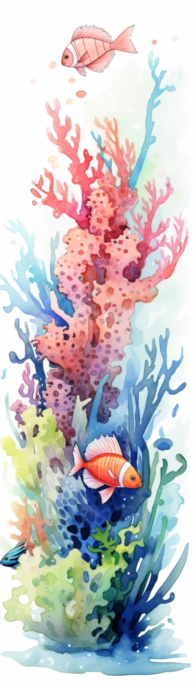 Clipart Tropical fish swimming among coral reefs, Watercolor, white background, vertical format