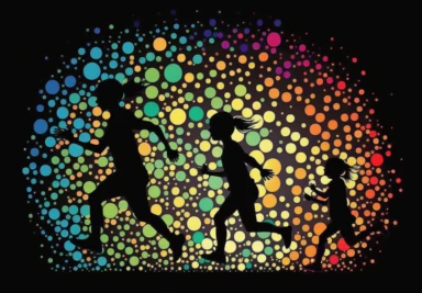 children and silhouettes of dots running kids stock illustrations, cliparts, & vectors, in the style of colourful mosaics, psychedelic surrealism:, shot on 70mm, flickr, focus on joints/connections, camera tossing, perceptive