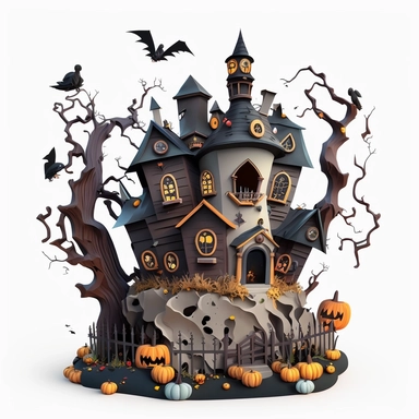 halloween haunted house with spooky decorations. cartoonish design. white background. no tags. CLIPART!!