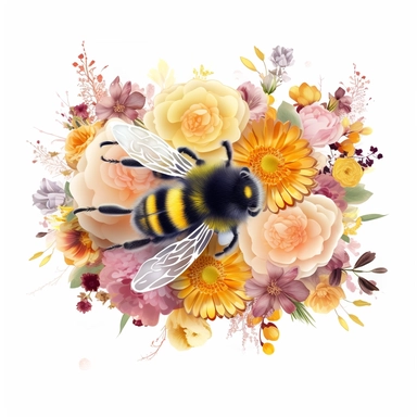 An exquisite honey bee clipart surrounded by a vibrant bouquet of flowers, with no background to distract from the natural beauty. The bee delicately perched on a blooming flower, its fuzzy body contrasting against the petals, while its translucent wings add a touch of ethereal grace. This clipart provides a perfect blend of nature's wonders
